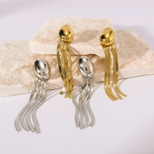 Elegant 18k gold and silver oval stud earrings with hanging snake chain tassels on stones