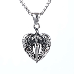 Silver guardian angel wings heart pendant necklace with high-quality box chain jewelry