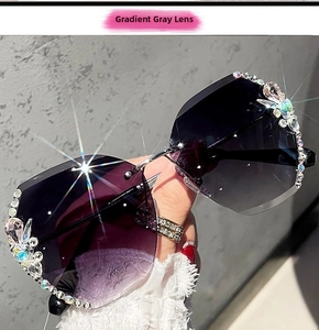 Detail of gradient grey lenses with hand-set crystals and slim metal temples