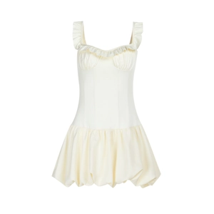 Detail of white ruffle strap mini dress with pleated bust and bubble hem design