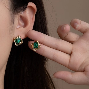 Vintage French Stud Earrings With Alloy Glass Emerald Green Rectangular Rhinestones And Silver Earring Post For Women