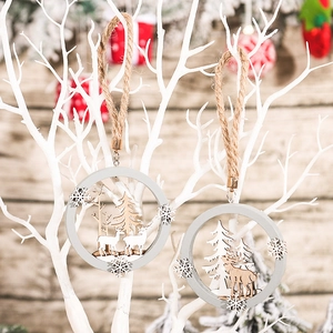 Christmas Wooden Hanging Ornament Round Hollow Laser Cut Elk Reindeer Pine Tree Rustic Natural Nordic Holiday Decor