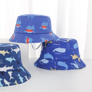 Cartoon ocean shark and whale print sun hats for toddlers with chin straps