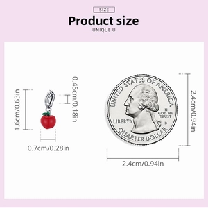 Size chart of the red apple pendant showing 1.6cm height compared to a US quarter coin