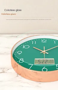 Macro detail of rose gold wall clock with emerald green dial and LCD calendar display