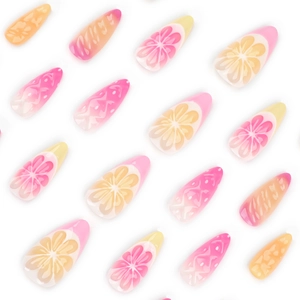 Faux ongles 3D fruits citron et orange avec forme amande et dégradé effet gelée frais