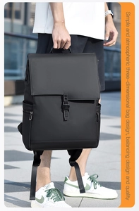 Detail of waterproof matte black backpack with large flap and secure buckle closure