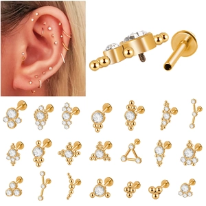Golden 316L stainless steel labret stud set with CZ triangle clusters for ear piercings