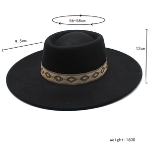 Detail showing dimensions of vintage wool felt hat with 9.5cm brim and woven band
