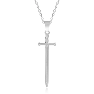 Detailed close-up of a silver sword pendant necklace with polished stainless steel finish