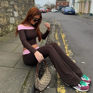 Women Off Shoulder Long Sleeve Crop Top And Flare Leg Pants Color Block Y2K Streetwear Slim Fit Polyester Outfits