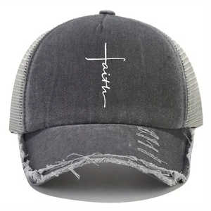 Detail of distressed dark grey baseball cap with white Faith cross print and mesh back