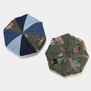 Vintage denim patchwork painter beret featuring retro European architecture jacquard pattern