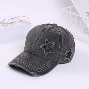 Vintage grey washed cotton baseball cap with sequined star patch and white stitching