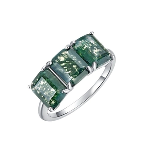 Minimalist S925 silver ring with three square-cut green moss agate stones on white background