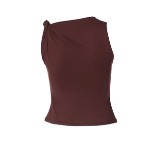 Detailed view of dark brown off-shoulder top with elegant twisted knot shoulder design