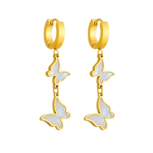 Gold-plated stainless steel drop earrings featuring white shell butterfly pendants