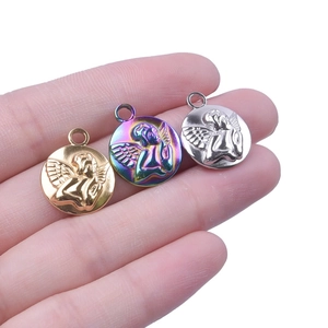 Three-color stainless steel angel pendants in gold, rainbow, and silver metallic finishes