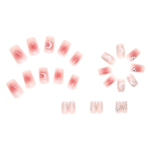 Faux ongles rose dégradé avec lune perlée et strass pour un look doux 24 pièces