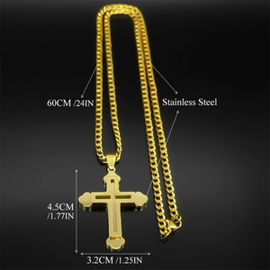Collier pendentif croix en acier inoxydable doré avec chaîne de 60 cm et guide des tailles