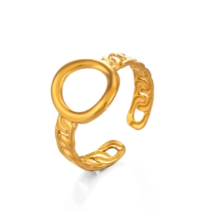 Golden hollow circular open ring featuring a unique decorative chain link band design
