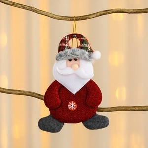 Handmade Santa Claus plush hanging ornament with red plaid hat and snowflake button