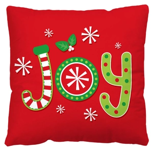 Christmas red square pillowcase with JOY text and festive reindeer patterns for sofa decor