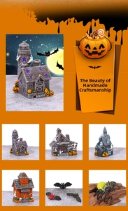 Detailed macro view of handcrafted resin Halloween miniatures including pumpkins and bats