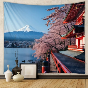 Bohemian tapestry featuring Mount Fuji and cherry blossoms for wall decoration