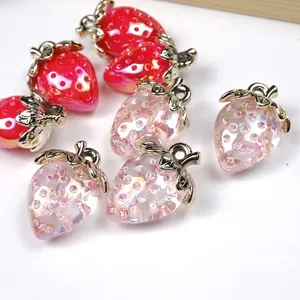 Transparent strawberry acrylic pendant with gold leaf clasp for DIY jewelry and keychains