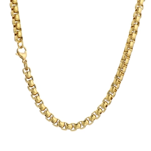 U-shaped view of a golden stainless steel link chain necklace with lobster clasp closure