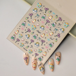 3D floral nail art stickers featuring cute rabbits, roses and kittens, model FEB-856