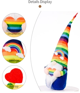 Detailed views of plush rainbow gnome featuring a heart ornament and striped pointy hat