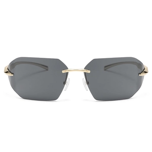 Frameless oversized sunglasses with dark gray lenses and golden metal bridge
