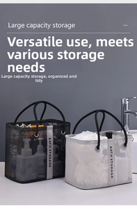 Mesh shower caddy detail showing spacious capacity for bath products and sturdy handles