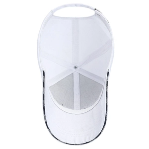 Inside view of a white cotton baseball cap with FASHION logo sweatband and metal buckle
