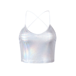Macro detail of iridescent silver sequins on a V-neck cropped top with thin straps