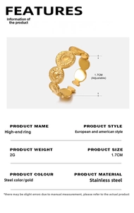 Detail view of gold adjustable stainless steel ring with 1.7cm inner diameter and 2g weight