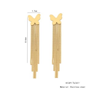 Detail showing dimensions of gold butterfly long tassel earrings in stainless steel