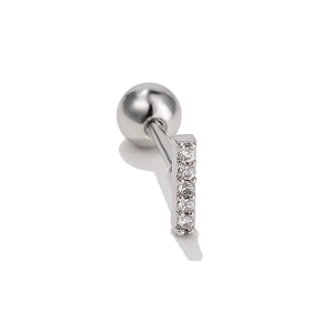 Macro shot of silver bar ear stud with five sparkling zircons and screw-back ball closure