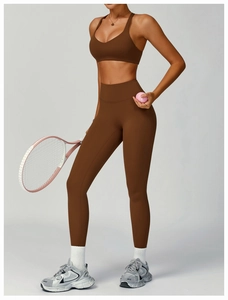 Brown high-waisted recycled yoga leggings and sports bra set for women fitness wear