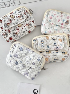 Quilted cotton flap card wallets with cute cartoon patterns and metal D-ring attachment