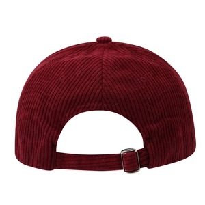 Rear view of burgundy corduroy baseball cap with adjustable metal buckle closure