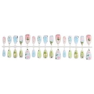 3D floral press-on nails with pastel macaron colors, pearls and bow accents for women
