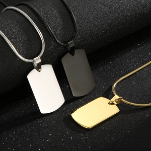 Polished stainless steel blank dog tag necklaces in silver, black, and gold finishes