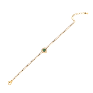 Golden tennis bracelet with heart emerald green gemstone and sparkling zircons
