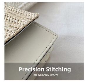 Detail showing precise stitching on white leather and beige woven straw texture