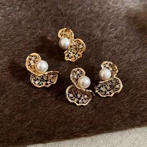 Elegant Hollow Butterfly Stud Earrings With Zircon Imitation Artificial Pearl And 925 Sterling Silver Earring Post Gold Plated