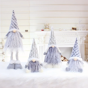 Set of grey Nordic Christmas gnomes with telescopic legs and knitted hats for home decor