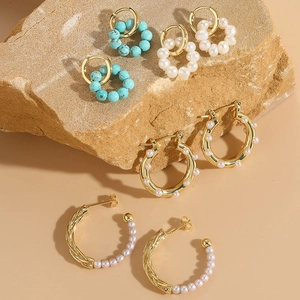 14K Gold Plated Copper Freshwater Pearl Turquoise Hoop Earrings For Women Elegant Retro Bohemia Fashion Jewelry Earrings